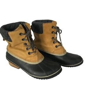 Sorel Boots Size 10 Womens Hiking Waterproof Slimpack Duck Leather Tan Black